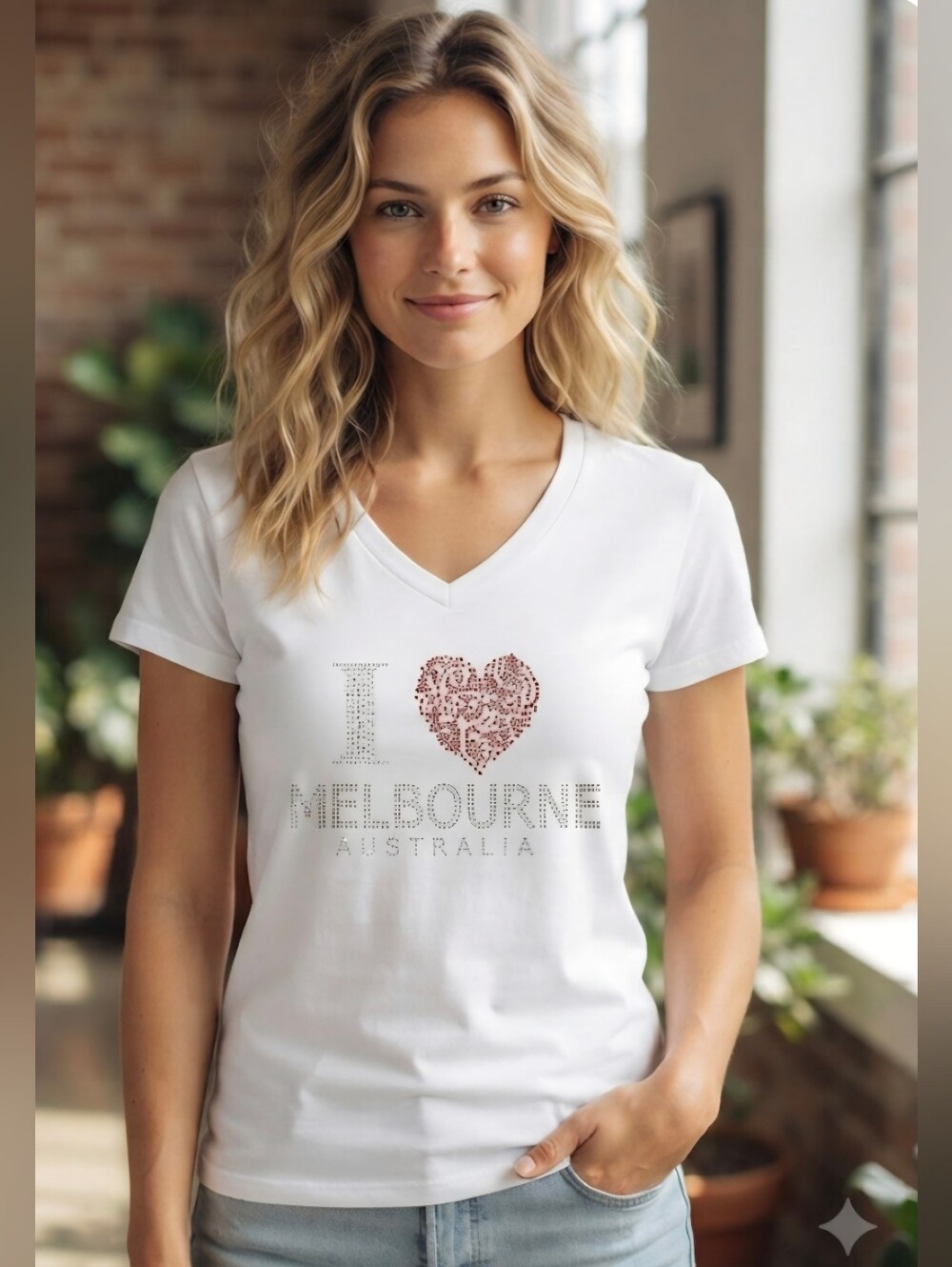 I Love Melbourne Australia Rhinestone V-Neck T-Shirt White Size XL
